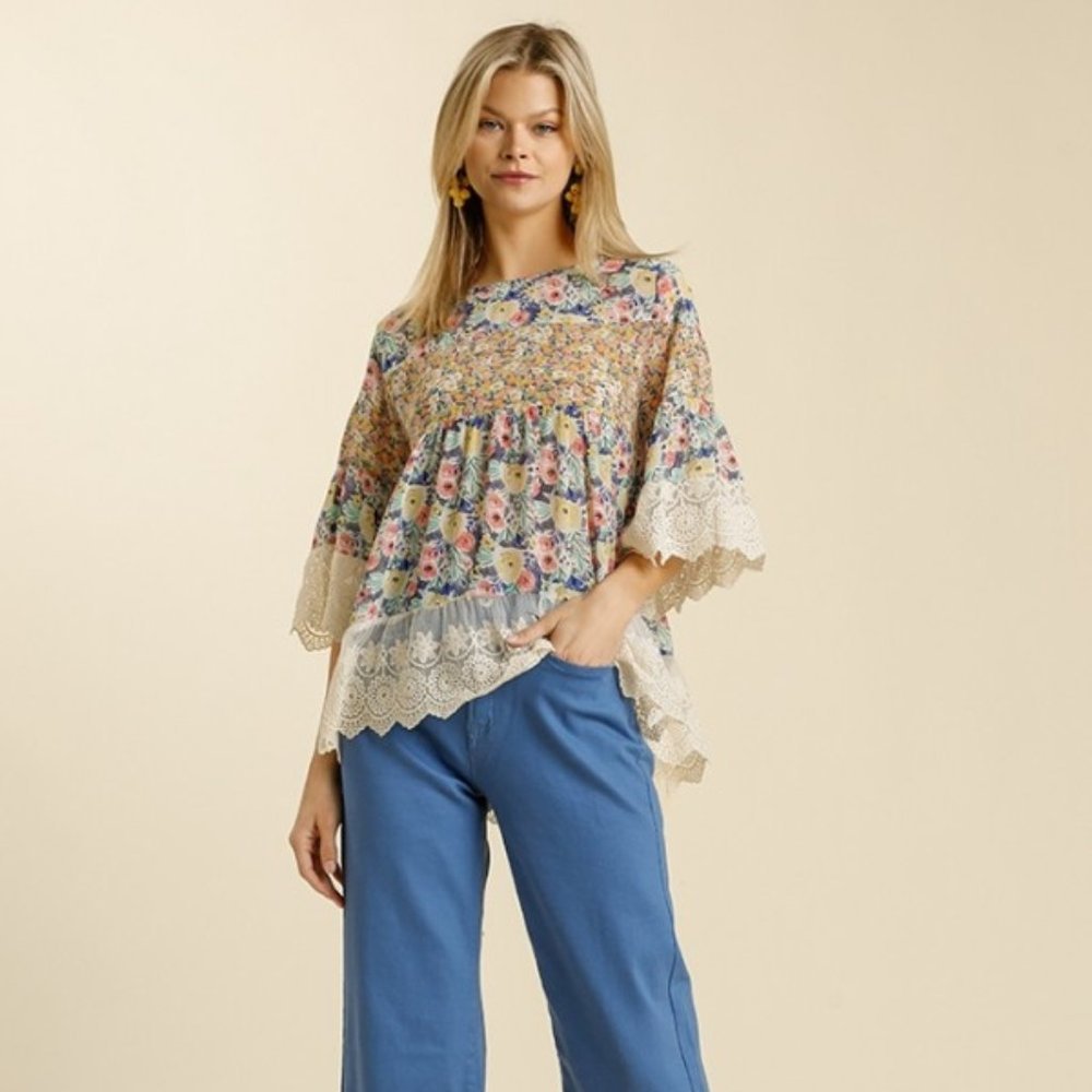 Umgee Mixed Navy Floral Print Bell Sleeve Top NWT